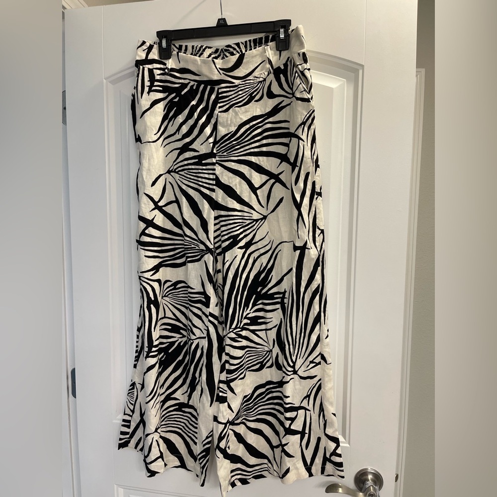 New Rachel Zoe Linen Blend Pull On Wide Leg palm floral Crop Pants Size L